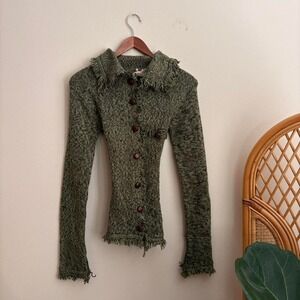 Y2K Baby Doll Glam Derek Heart Fringe Cinch Back Button Down Cardigan Sweater L